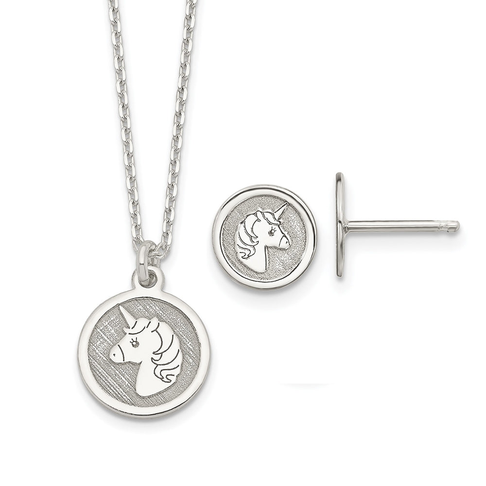 Children's Unicorn Circle Pendant & Earring Set in Sterling Silver