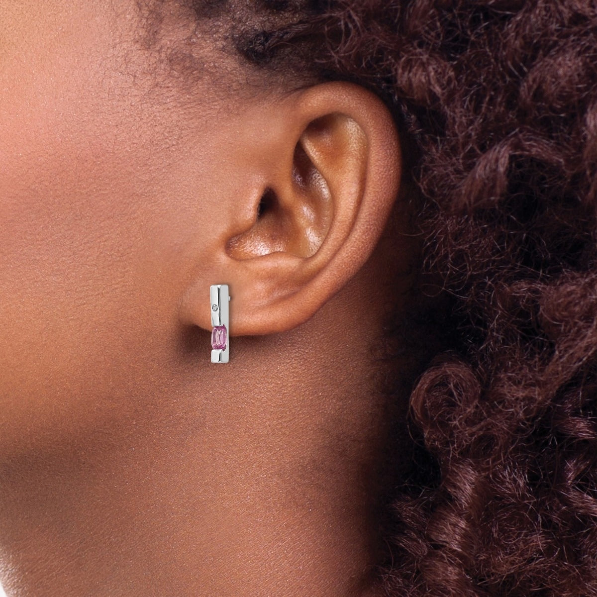 Pink Tourmaline & Diamond Accent Bar Earrings in Rhodium Plated Sterling Silver close-up detail