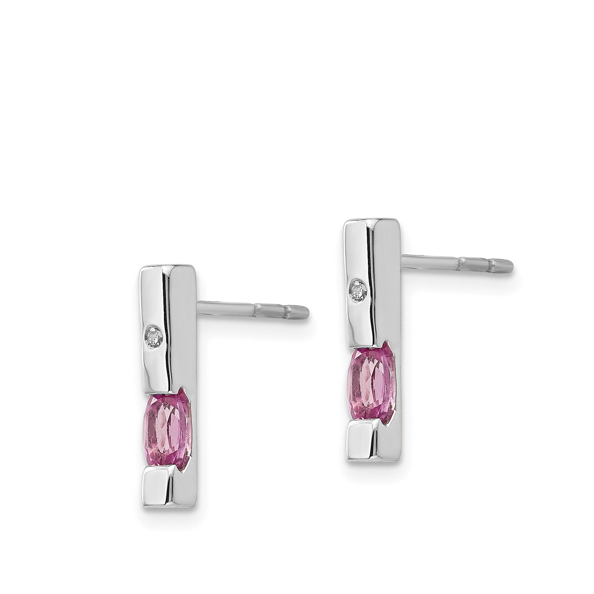 Pink Tourmaline & Diamond Accent Bar Earrings in Rhodium Plated Sterling Silver front view