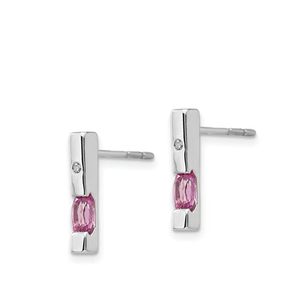 Pink Tourmaline & Diamond Accent Bar Earrings in Rhodium Plated Sterling Silver front view