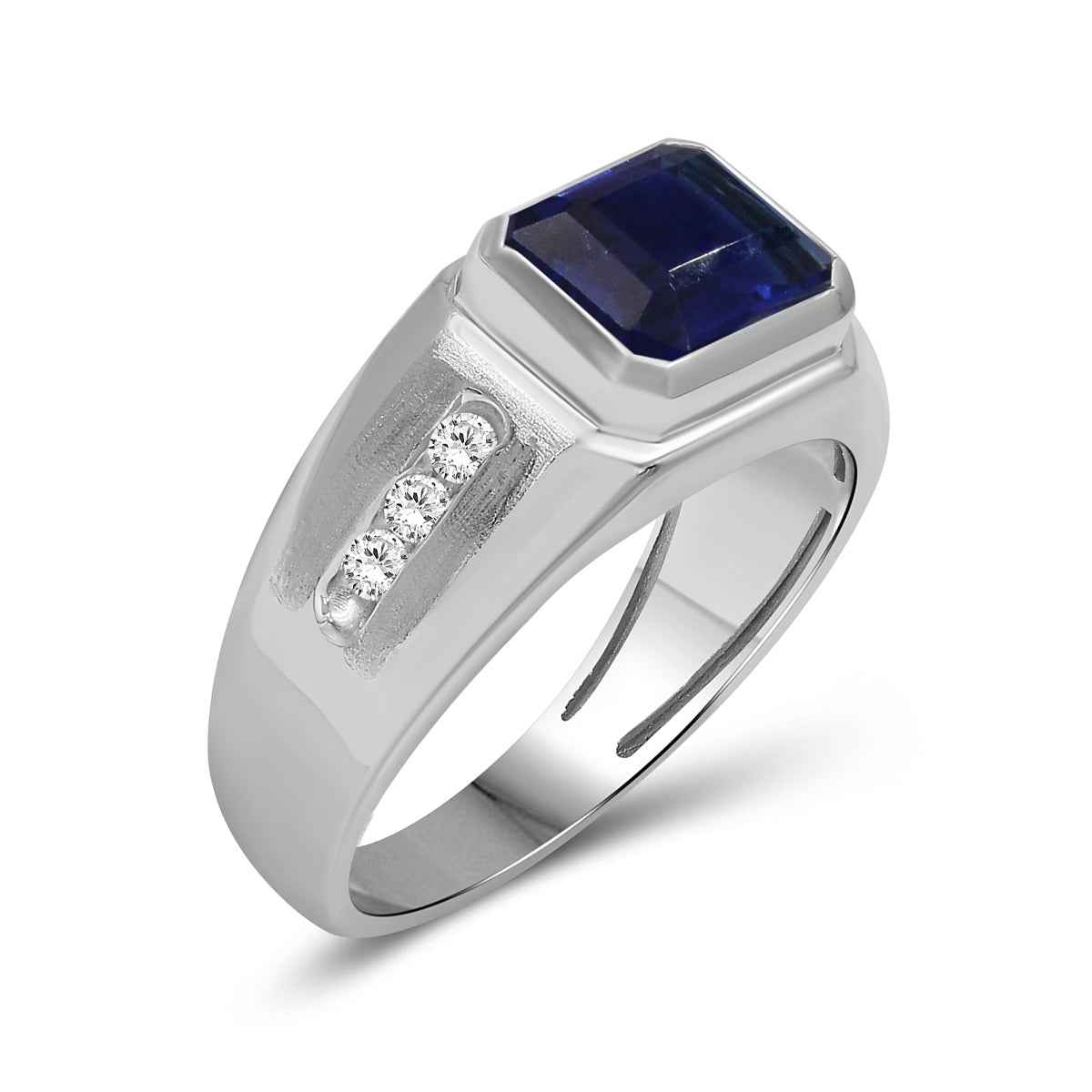 Men's Created Emerald Cut & White Round Sapphire Signet Ring in Sterling Silver front view