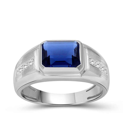 Men's Created Emerald Cut & White Round Sapphire Signet Ring in Sterling Silver
