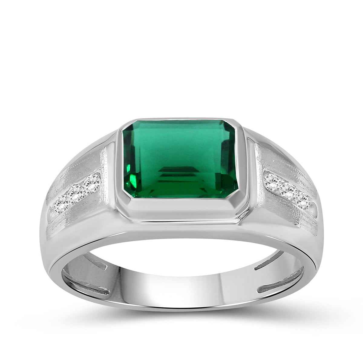Men's Created Emerald Cut Emerald & White Round Sapphire Signet Ring in Sterling Silver