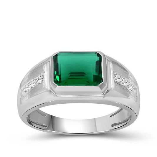 Men's Created Emerald Cut Emerald & White Round Sapphire Signet Ring in Sterling Silver