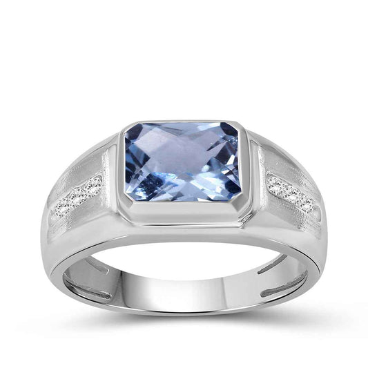 Men's Created Emerald Cut Aquamarine Spinel & White Round Sapphire Signet Ring in Sterling Silver