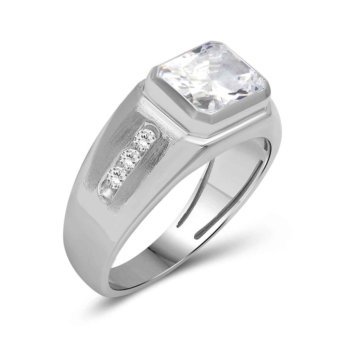 Men's Created Emerald Cut & Round White Sapphire Signet Ring in Sterling Silver front view