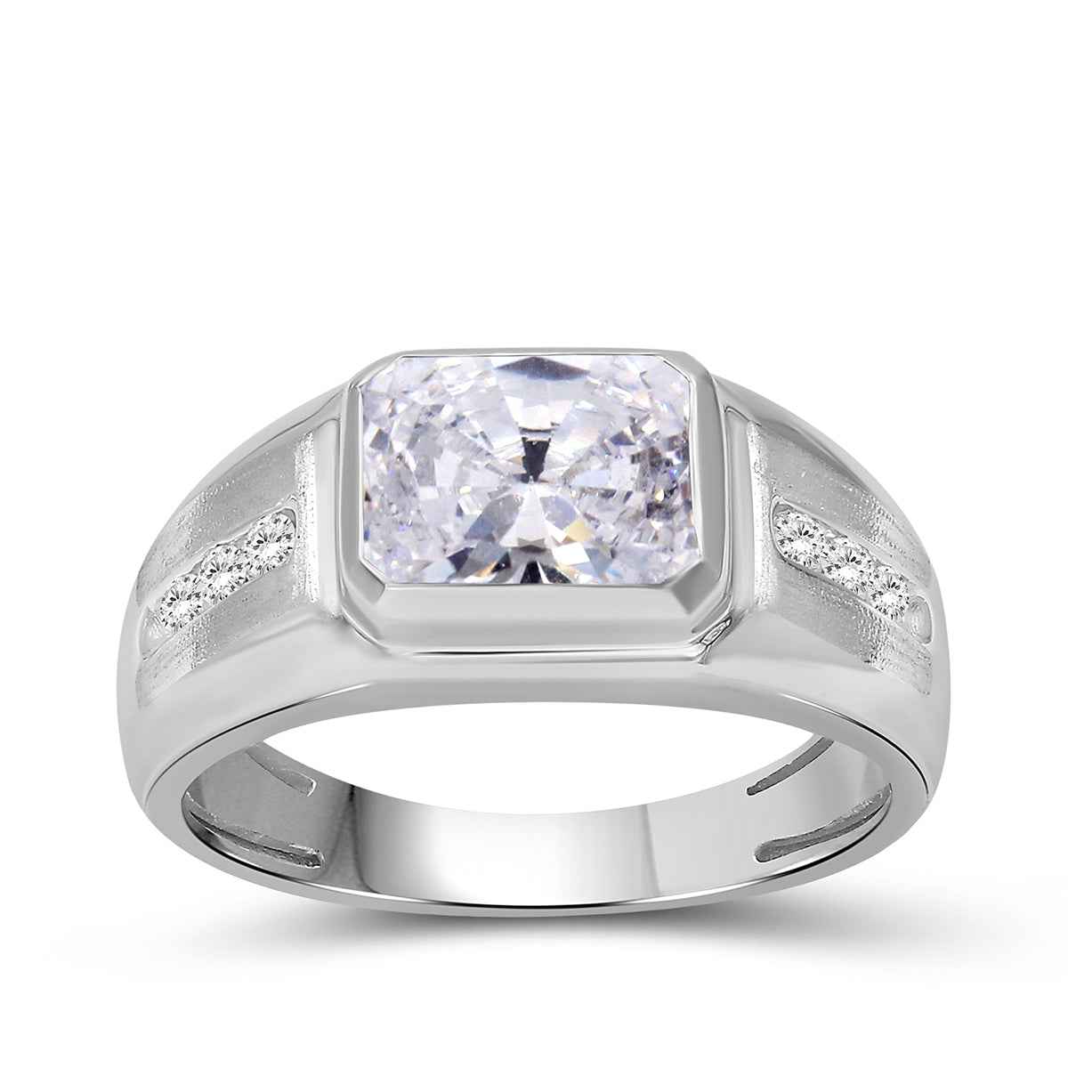 Men's Created Emerald Cut & Round White Sapphire Signet Ring in Sterling Silver