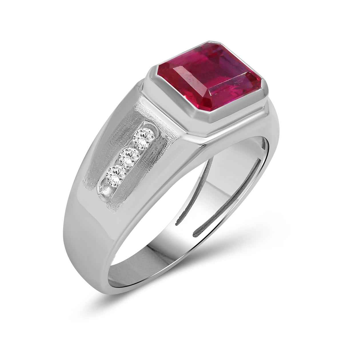 Men's Created Emerald Cut Ruby & White Round Sapphire Signet Ring in Sterling Silver front view