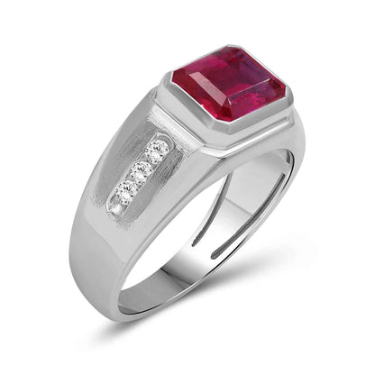 Men's Created Emerald Cut Ruby & White Round Sapphire Signet Ring in Sterling Silver front view