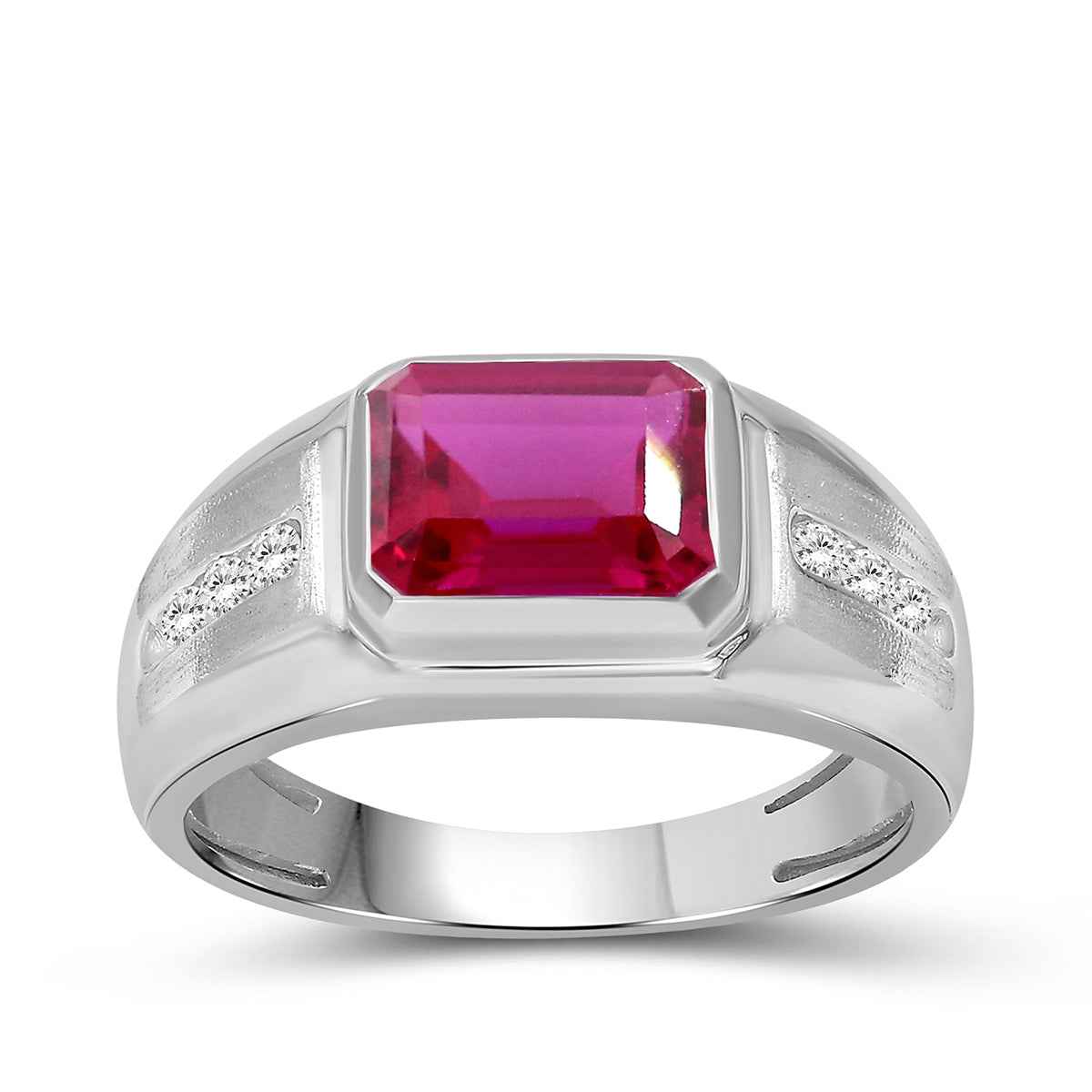 Men's Created Emerald Cut Ruby & White Round Sapphire Signet Ring in Sterling Silver