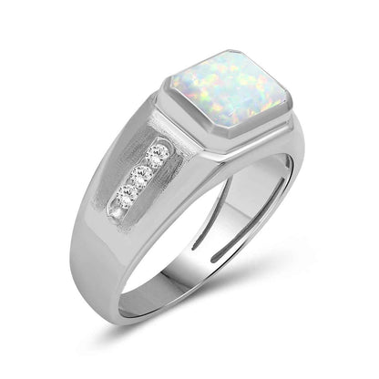 Men's Created Emerald Cut Opal & White Round Sapphire Signet Ring in Sterling Silver front view