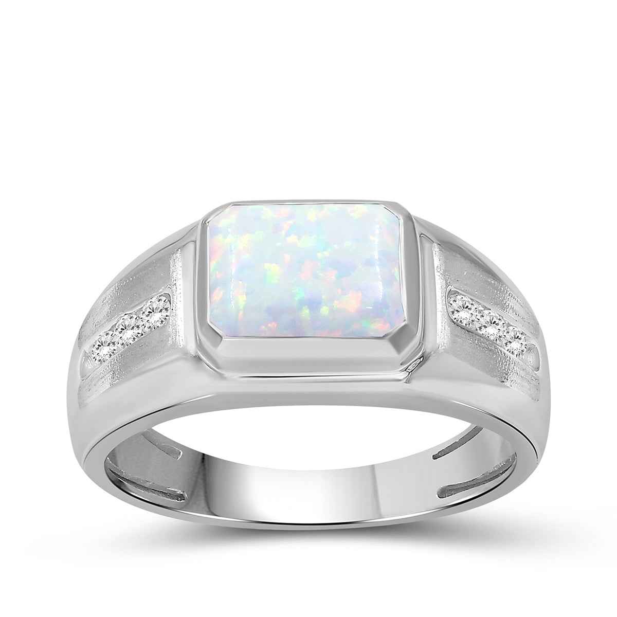 Men's Created Emerald Cut Opal & White Round Sapphire Signet Ring in Sterling Silver