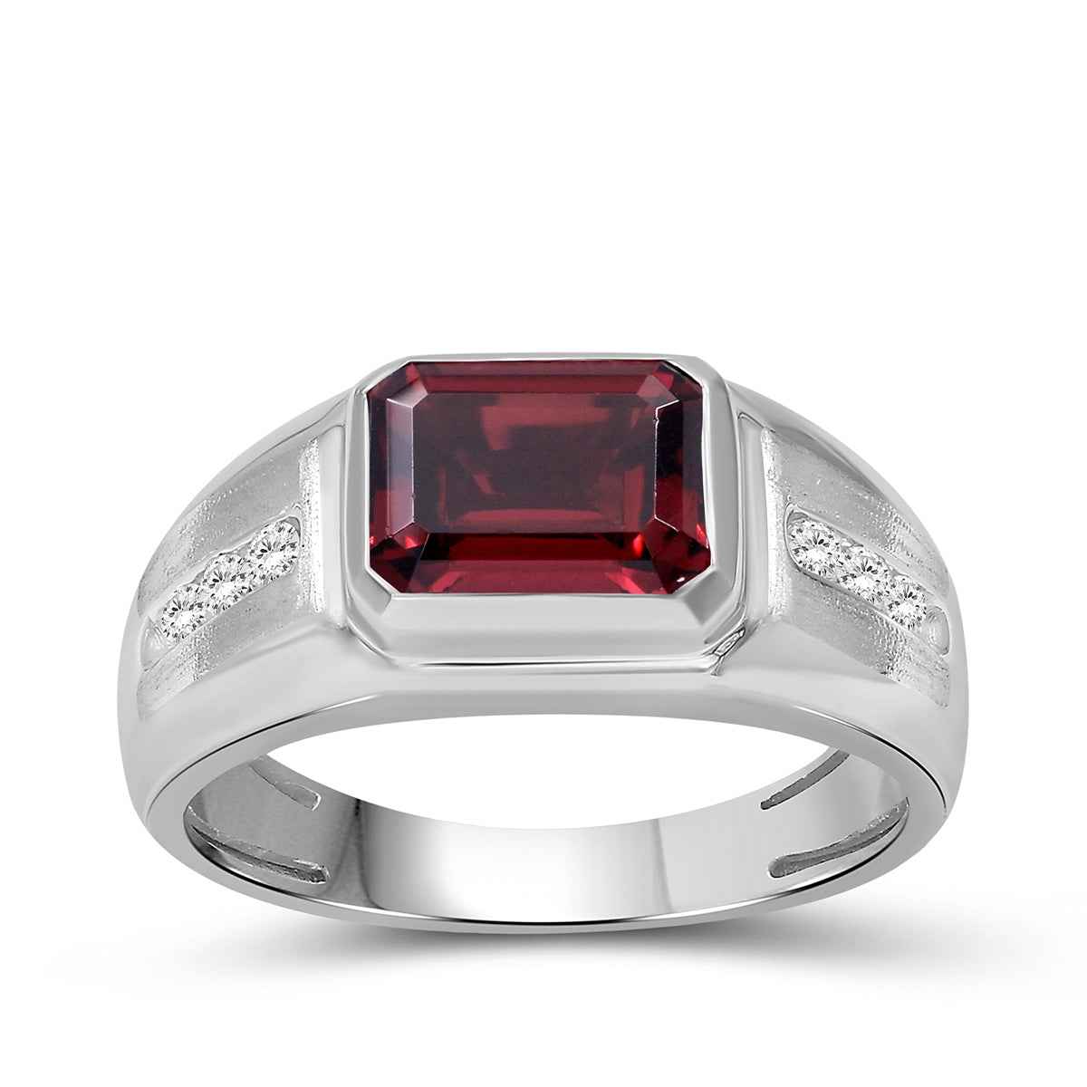 Men's Emerald Cut Garnet & Created White Round Sapphire Signet Ring in Sterling Silver