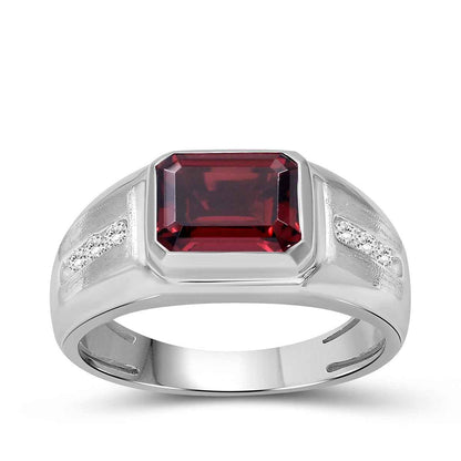 Men's Emerald Cut Garnet & Created White Round Sapphire Signet Ring in Sterling Silver