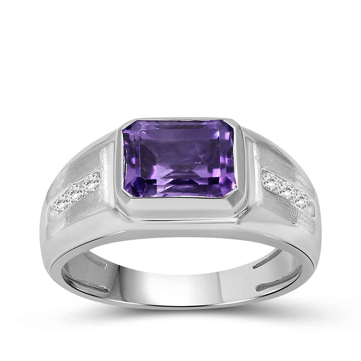 Men's Emerald Cut Amethyst & Created White Round Sapphire Signet Ring in Sterling Silver