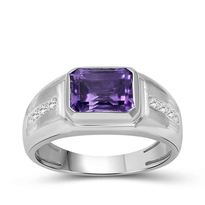 Men's Emerald Cut Amethyst & Created White Round Sapphire Signet Ring in Sterling Silver