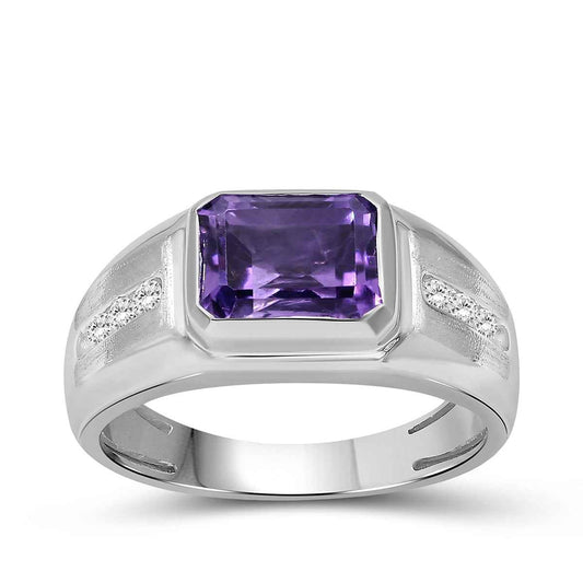 Men's Emerald Cut Amethyst & Created White Round Sapphire Signet Ring in Sterling Silver