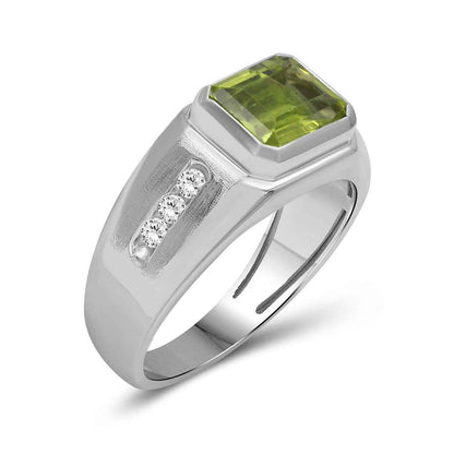 Men's Emerald Cut Peridot & Created White Round Sapphire Signet Ring in Sterling Silver front view