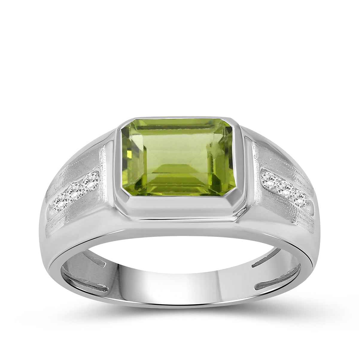 Men's Emerald Cut Peridot & Created White Round Sapphire Signet Ring in Sterling Silver