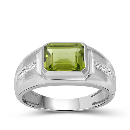Men's Emerald Cut Peridot & Created White Round Sapphire Signet Ring in Sterling Silver