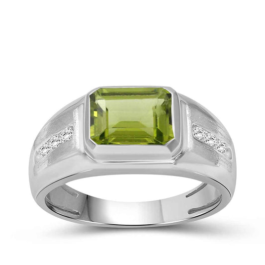 Men's Emerald Cut Peridot & Created White Round Sapphire Signet Ring in Sterling Silver