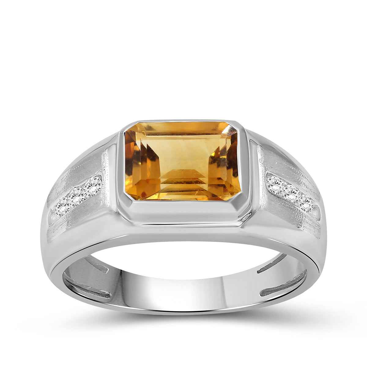 Men's Emerald Cut Citrine & Created White Round Sapphire Signet Ring in Sterling Silver