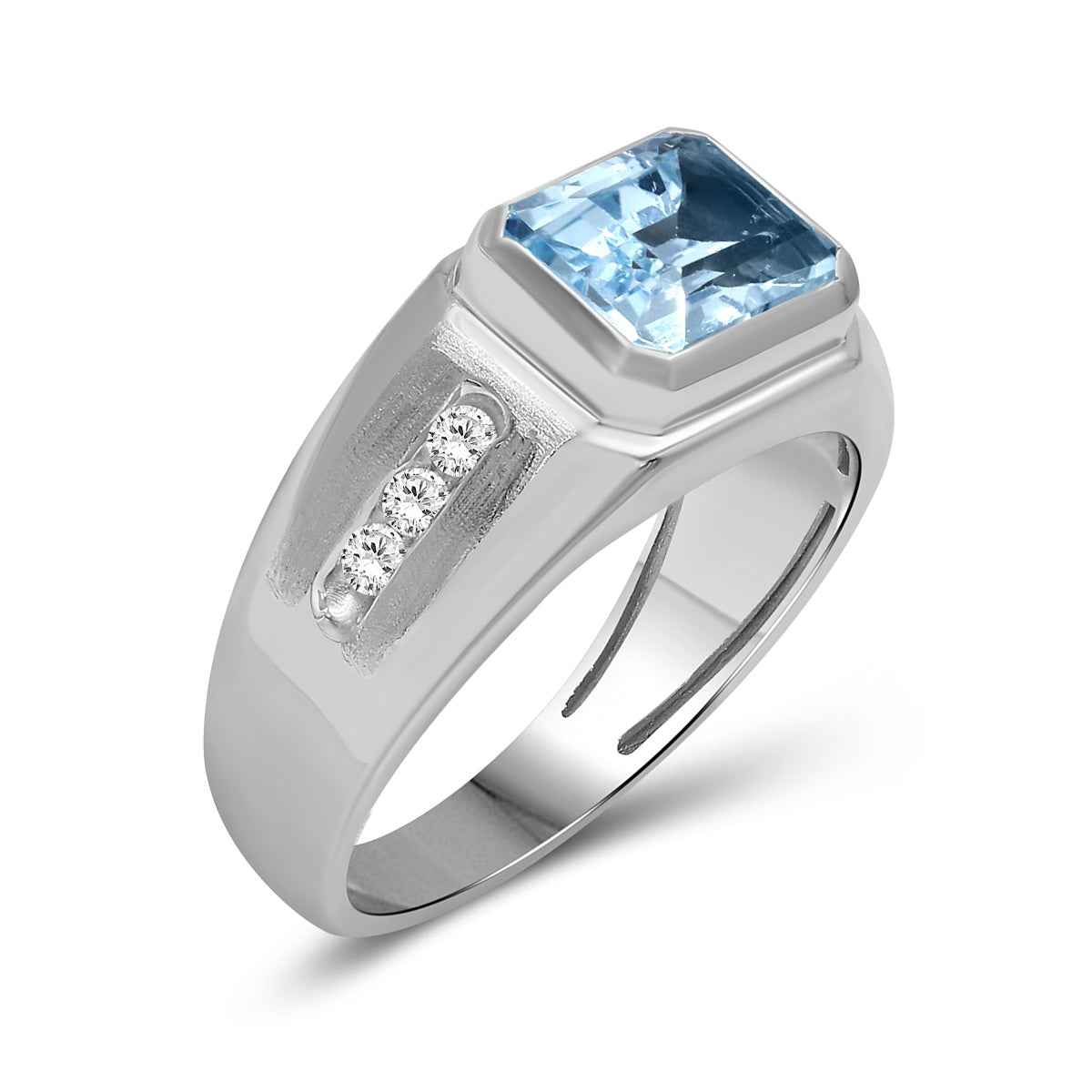 Men's Emerald Cut Swiss Blue Topz & Created White Round Sapphire Signet Ring in Sterling Silver front view