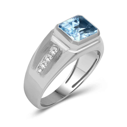 Men's Emerald Cut Swiss Blue Topz & Created White Round Sapphire Signet Ring in Sterling Silver front view