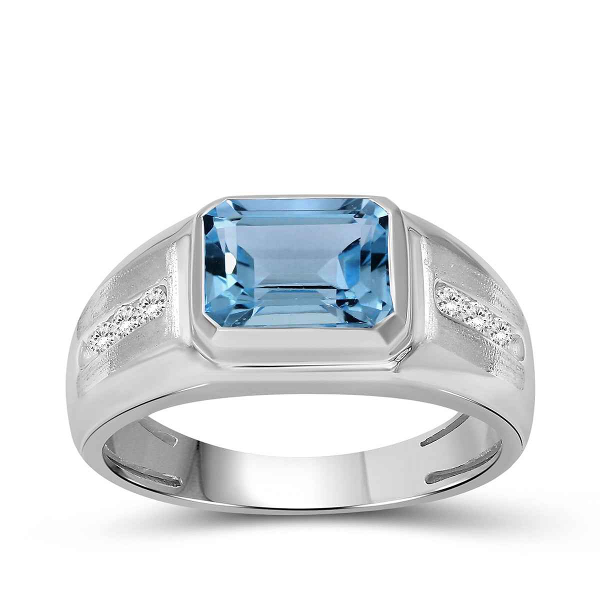 Men's Emerald Cut Swiss Blue Topz & Created White Round Sapphire Signet Ring in Sterling Silver