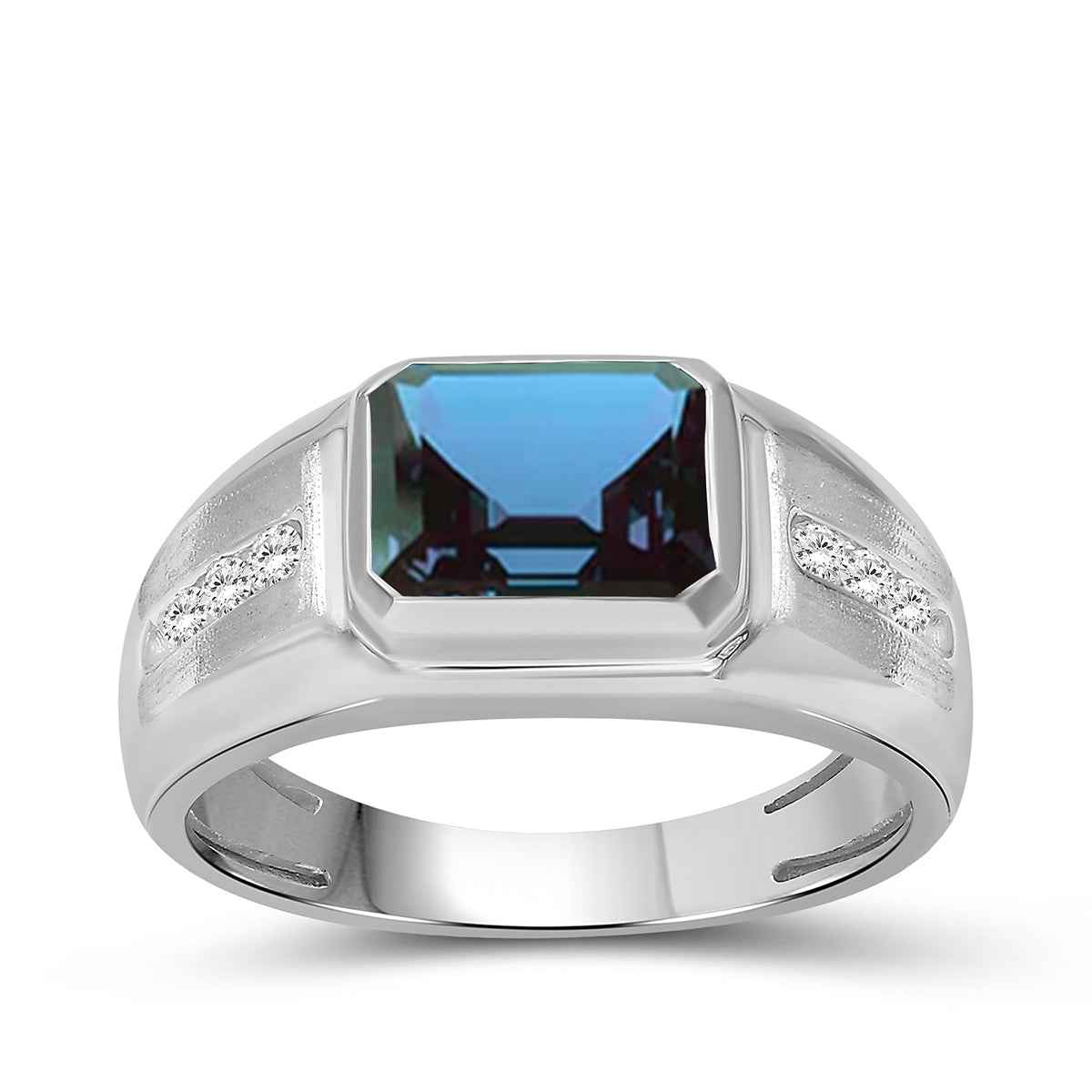 Men's Created Emerald Cut Alexandrite & White Round Sapphire Signet Ring in Sterling Silver