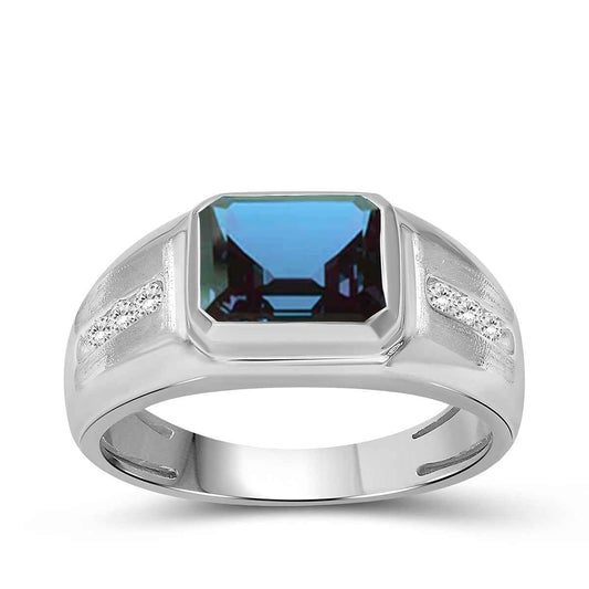 Men's Created Emerald Cut Alexandrite & White Round Sapphire Signet Ring in Sterling Silver