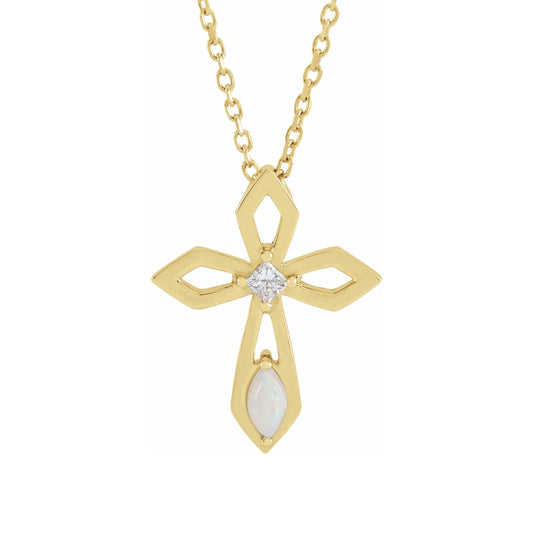 Marquise Opal & Princess Cut Diamond Accent Cross Pendant in 14K Yellow Gold