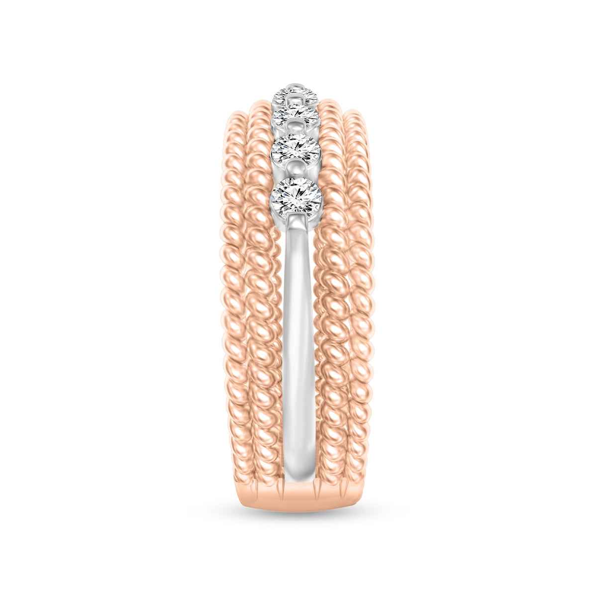3/8 ct. tw. Diamond Ring with Multirow Rope Detailing in Pink and White Gold close-up detail
