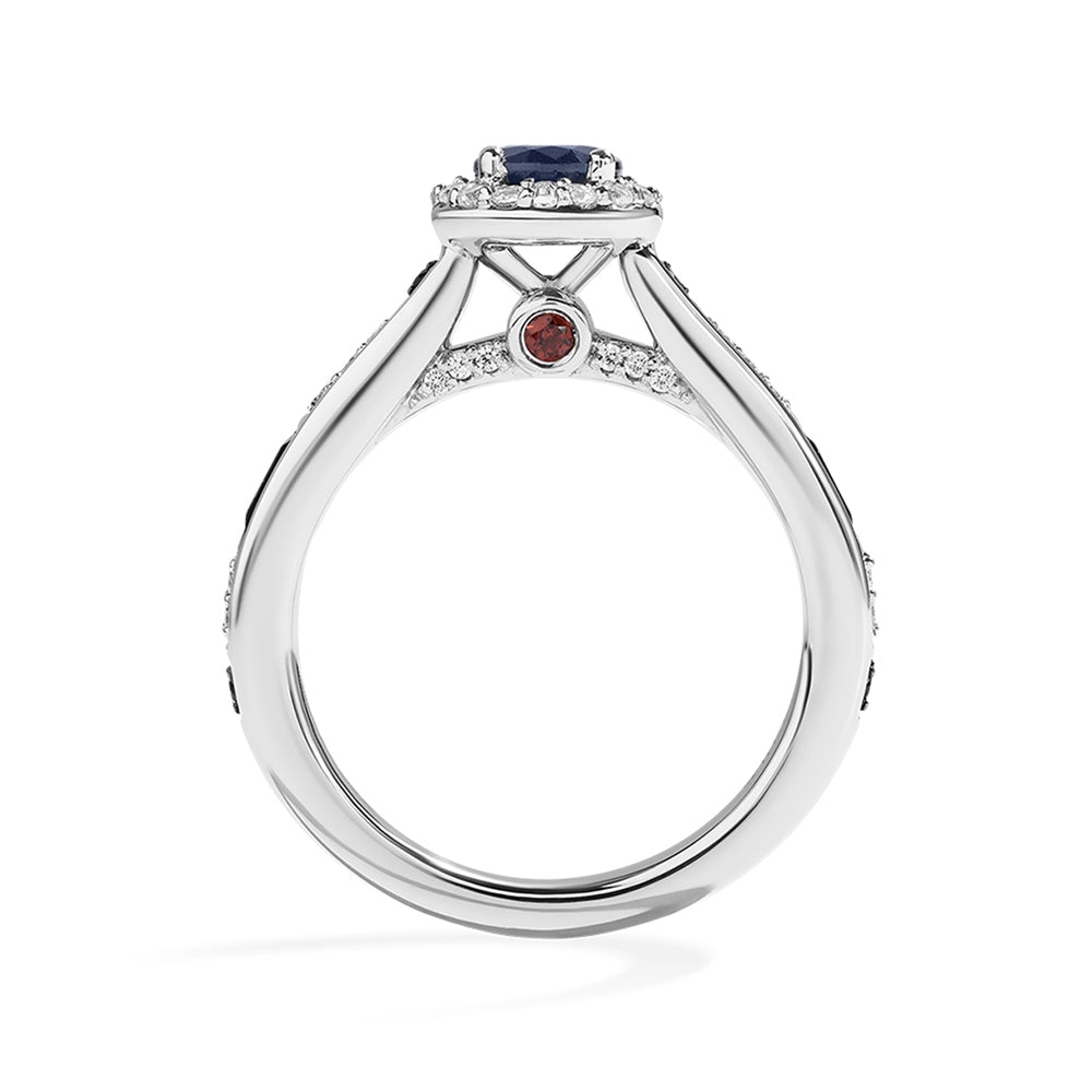 Star Wars R2-D2 Sapphire, 1/4 ct. tw. Diamond, & Garnet Halo Engagement Ring in 14K White Gold front view