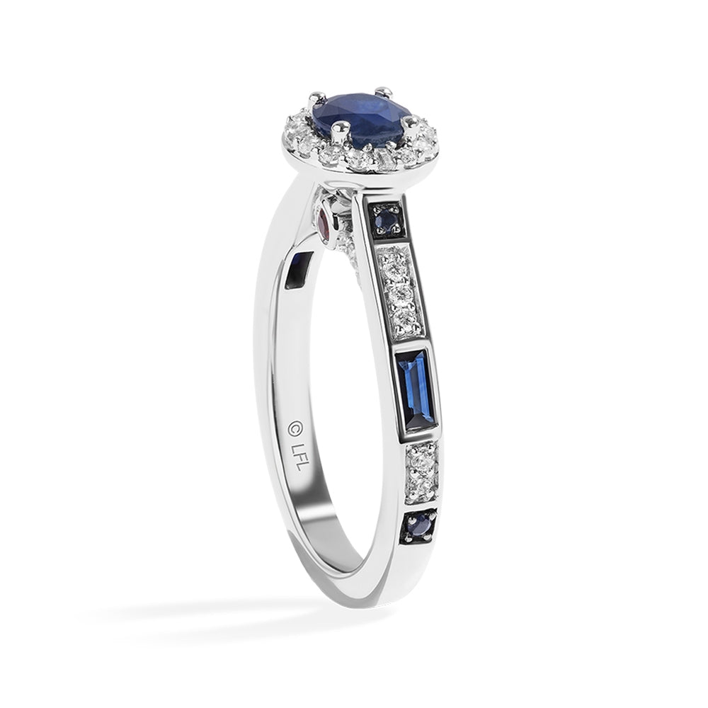 Star Wars R2-D2 Sapphire, 1/4 ct. tw. Diamond, & Garnet Halo Engagement Ring in 14K White Gold close-up detail
