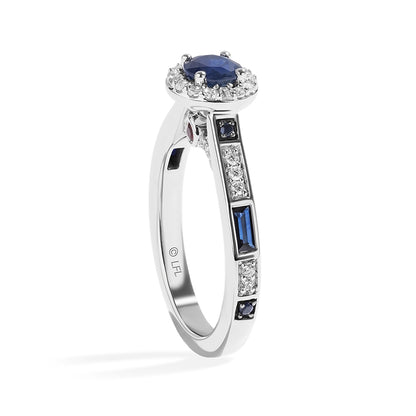 Star Wars R2-D2 Sapphire, 1/4 ct. tw. Diamond, & Garnet Halo Engagement Ring in 14K White Gold close-up detail