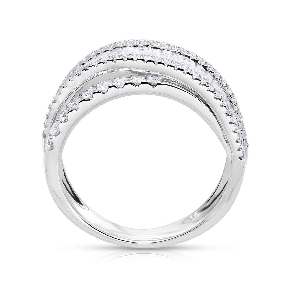 1-1/5 ct. tw. Baguette & Round Diamond Multi-Row Crossover Ring in 14K White Gold front view