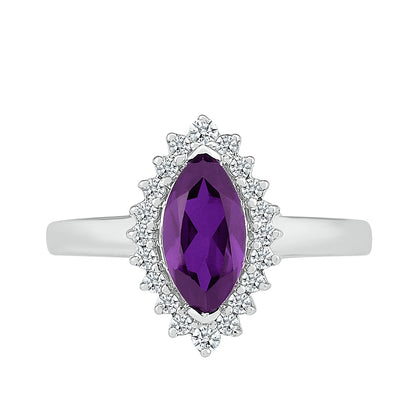 Marquise Amethyst & 1/5 ct. tw. Diamond Starburst Halo Ring in 10K White Gold front view