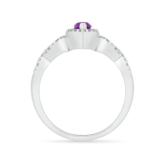 Marquise Amethyst & 1/4 ct. tw. Diamond Halo Twist Ring in 10K White Gold close-up detail