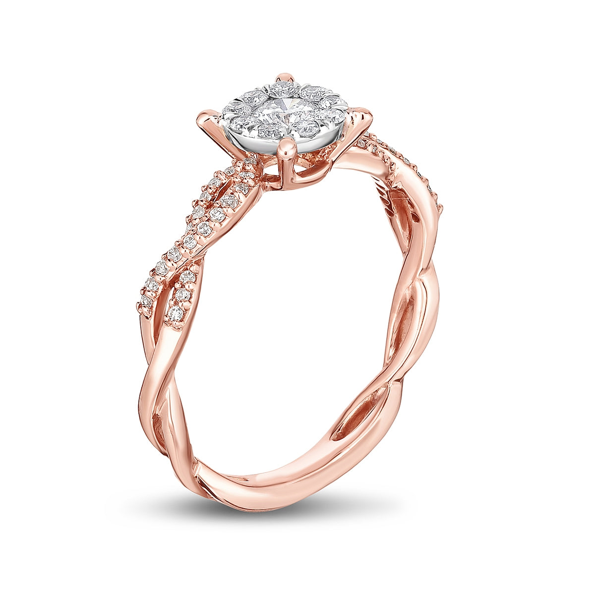 Timeless 3/8 ct. tw. Round Diamond Halo Twist Engagement Ring in 10K Pink Gold front view