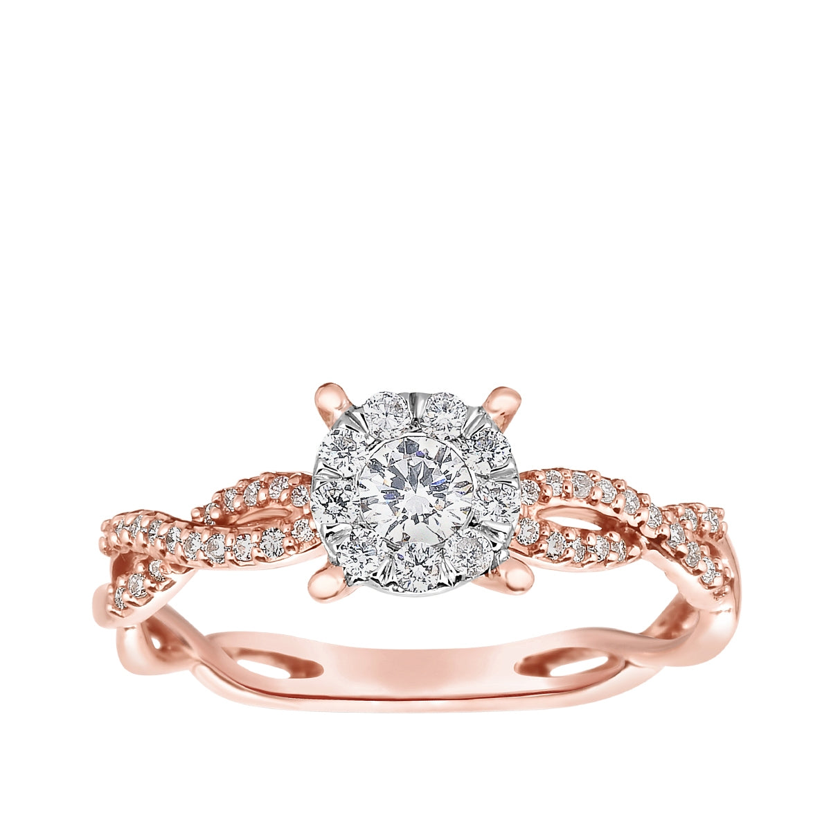 Timeless 3/8 ct. tw. Round Diamond Halo Twist Engagement Ring in 10K Pink Gold
