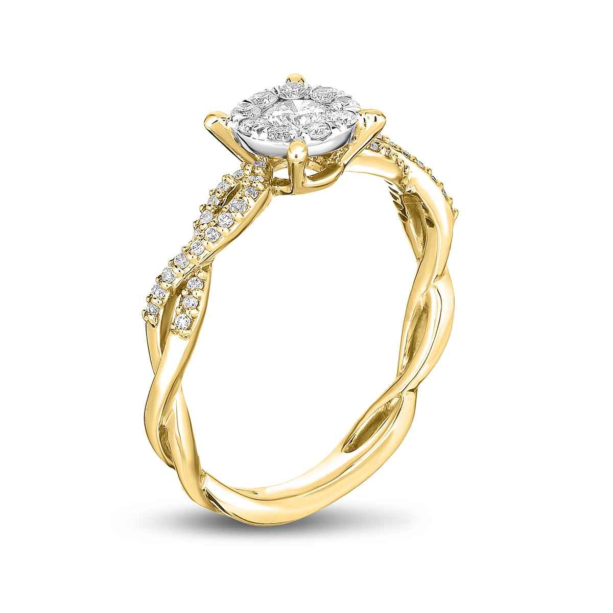 Fairytale Diamonds 3/8 ct. tw. Round Diamond Halo Twist Engagement Ring in 10K Yellow Gold front view