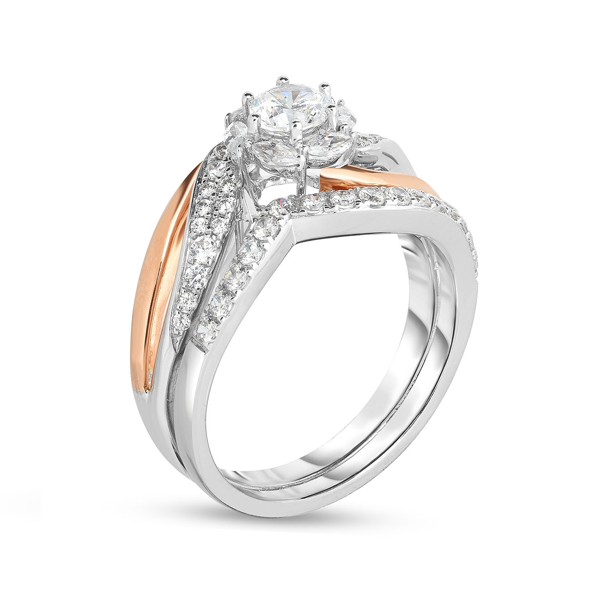 Timeless 1 ct. tw. Round & Marquise Diamond Halo Bypass Wedding Set in 14K White & Pink Gold front view