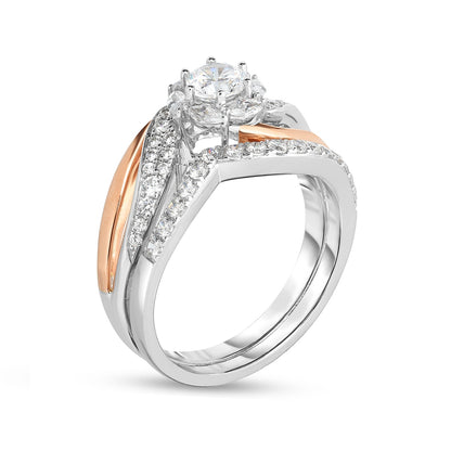 Timeless 1 ct. tw. Round & Marquise Diamond Halo Bypass Wedding Set in 14K White & Pink Gold front view