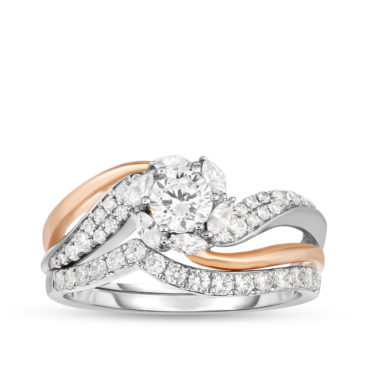 Timeless 1 ct. tw. Round & Marquise Diamond Halo Bypass Wedding Set in 14K White & Pink Gold