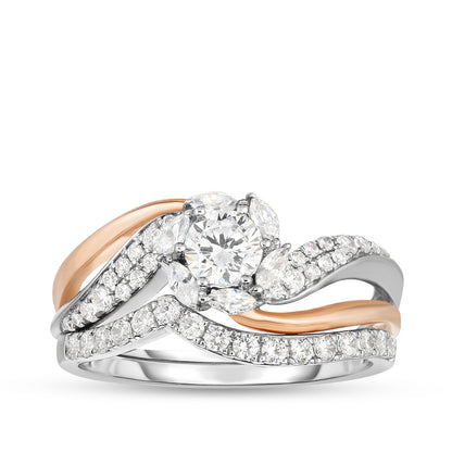 Timeless 1 ct. tw. Round & Marquise Diamond Halo Bypass Wedding Set in 14K White & Pink Gold