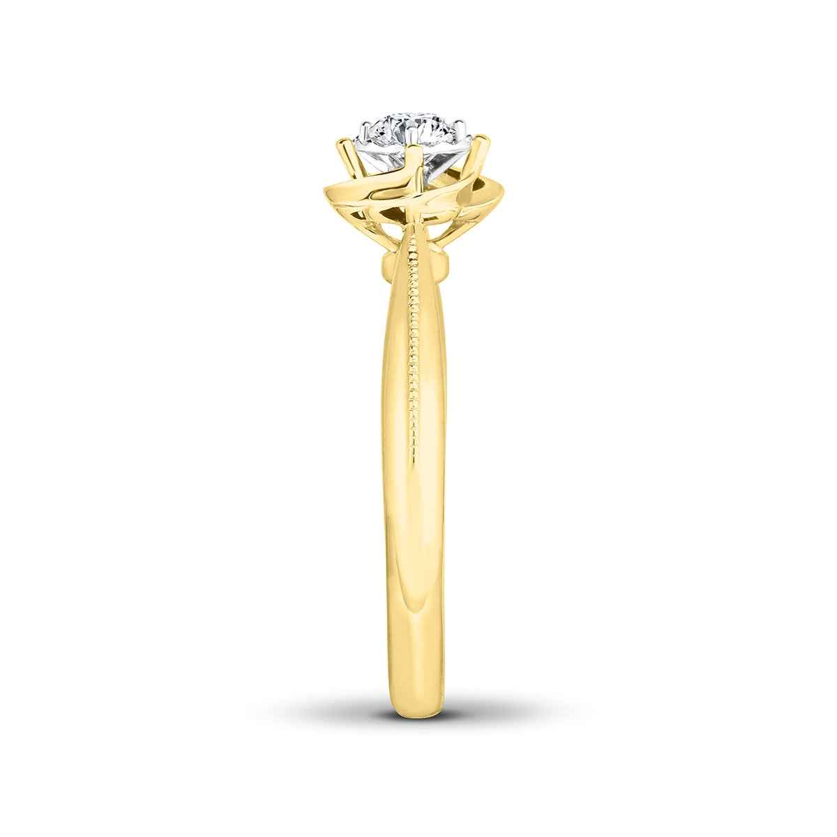True Promise 1/5 ct. tw. Diamond Milgrain Floral Engagement Ring with Miracle Plate in 14K Yellow Gold close-up detail