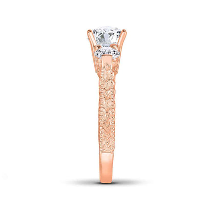 1 ct. tw. 3-Stone Round Diamond Milgrain Engagement Ring in 14K Pink Gold close-up detail