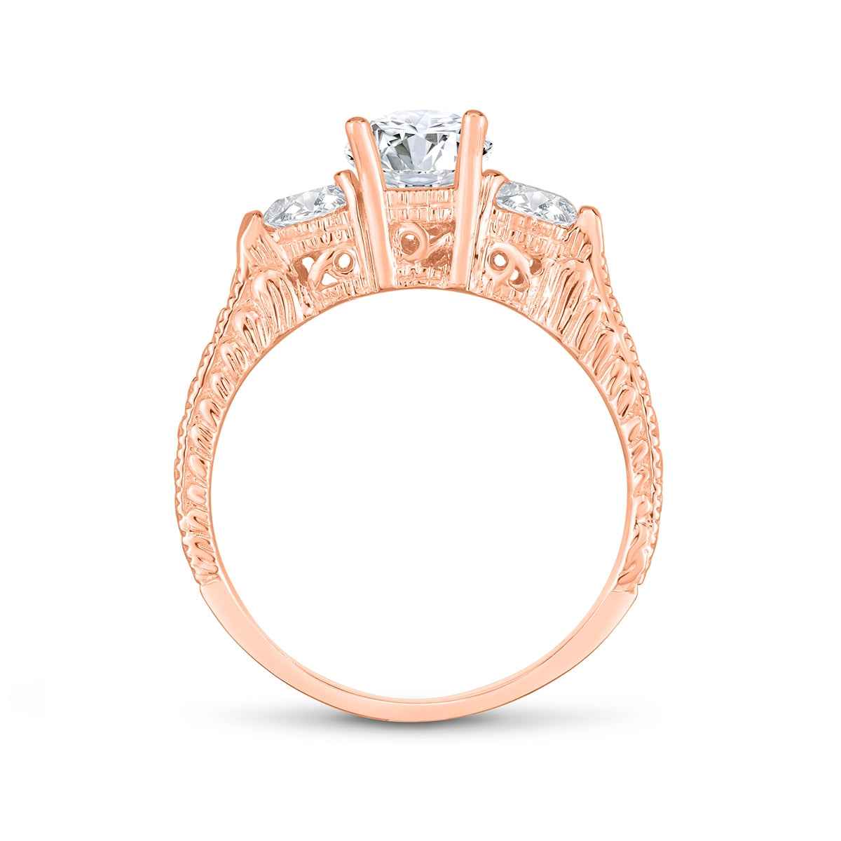1/2 ct. tw. 3-Stone Round Diamond Milgrain Engagement Ring in 14K Pink Gold front view
