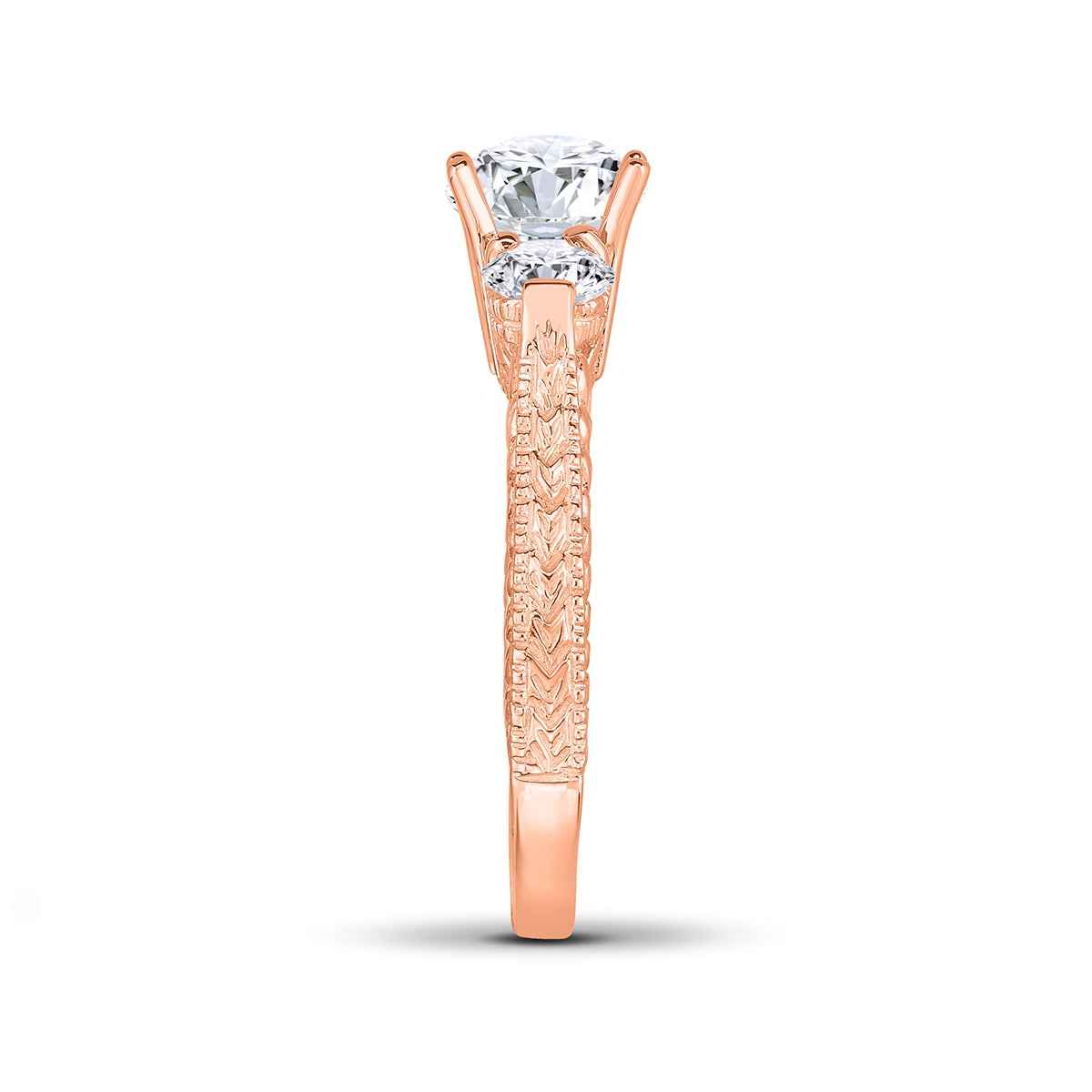 1/2 ct. tw. 3-Stone Round Diamond Milgrain Engagement Ring in 14K Pink Gold close-up detail